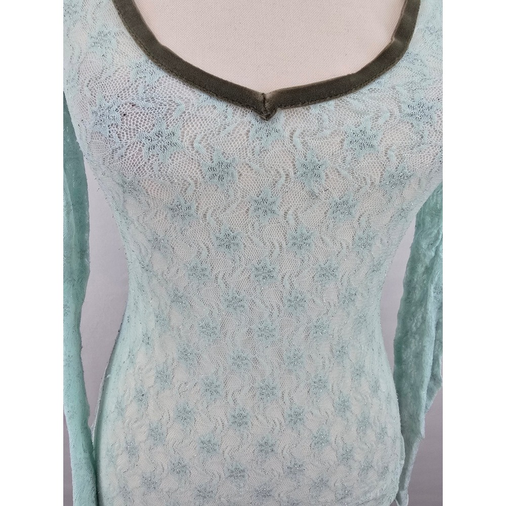 Free People Mint Green Floral Lace Metallic Shimmer Velvet Trim Scoop Neck Top S - Picture 2 of 5